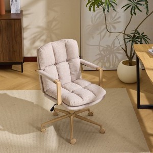 Karl Home  Upholstered Armchair Ergonomic Home Office Chair with Adjustable Height 360° Swivel Rolling Wheels Vanity Chair for Living Room In Beige - 1 of 4