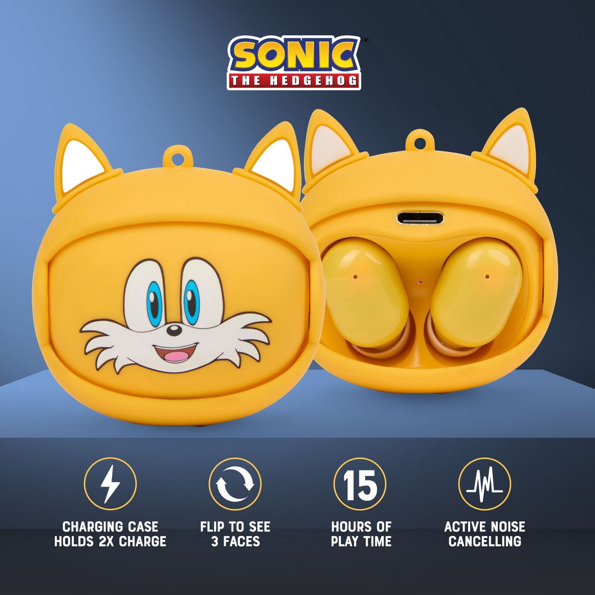 Sonic the Hedgehog Wireless Earbuds 15 Hour Playtime with Noise Cancelling and Flip Case - Tails - thumbnail 2