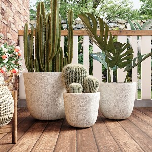 Set of 3 MGO Round Planters, Crackle Stone Textured Outdoor Flower Pots  with Drainage & Rubber Plugs, Beige - ModernLuxe