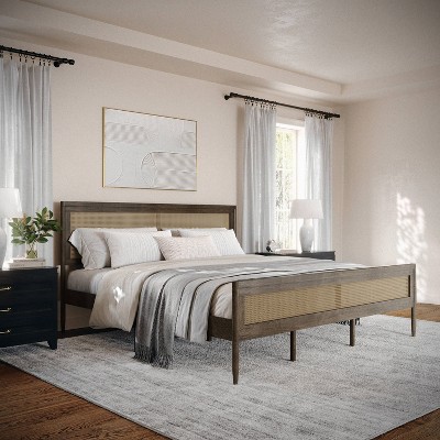 King Brown Gray Wood Frame Platform Bed with Rattan Headboard