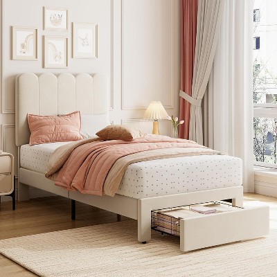Twin Bed Frame with Drawer, White Velvet Upholstered Platform Bed with Wave Headboard for Kids/Girls, Wooden Slats Support, No Box Spring Needed