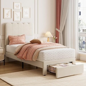 Twin Bed Frame with Drawer, White Velvet Upholstered Platform Bed with Wave Headboard for Kids/Girls, Wooden Slats Support, No Box Spring Needed - 1 of 4