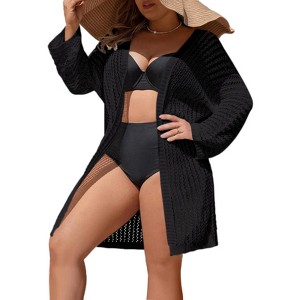 Womens Plus Size Beach Cover Ups Crochet Knit Open Front Light Weight Cardigan Long Cover Ups for Plus Size Women - 1 of 2