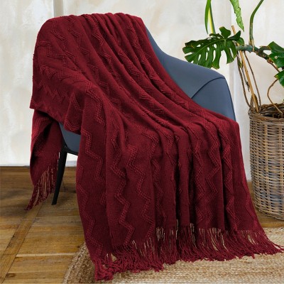 Wine Red Knitted Fleece Throw Blanket with Fringe