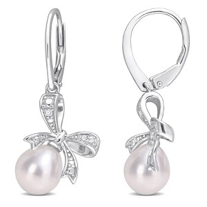 EVERLY JEWELRY | Sterling Silver 7.5 - 8 MM Cultured Freshwater Pearl and Diamond Accent Bow Leverback Earrings - 1 of 4