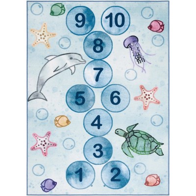 Blue Geometric Kids Washable Non-slip Area Rug