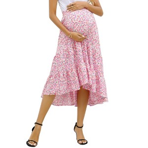 BLUEMING Maternity Skirts Floral High Low Hemline Dress Elastic Waist High Rise Tiered Maxi Skirts Flounce Long Skirts - 1 of 4