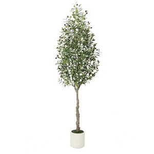 homfan Faux Olive Tree Fake Silk Olive Tree with Moss and White Bamboo Texture Planter Pot, Realistic Oliveand Leaves Artificial Tree Tall Plants - 1 of 4