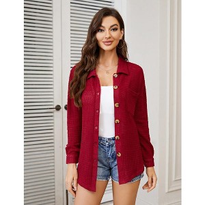 Womens Waffle Knit Shirt Button Down Oversized Blouse Casual Long Sleeve Jacket Tops with Bust Pockets - 1 of 4
