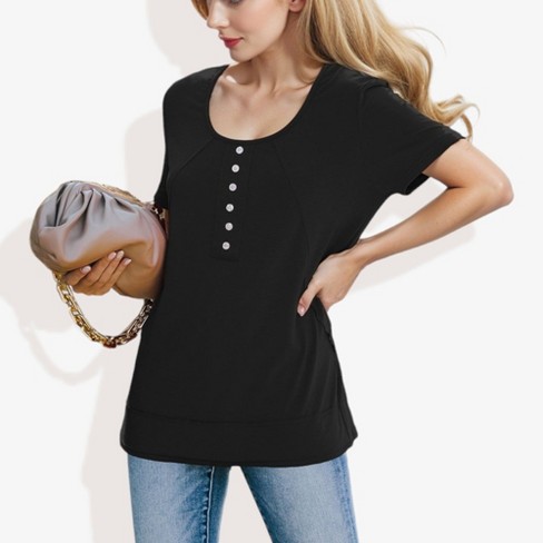 Anna-Kaci Women's Summer Solid Color Round Neck Decorative Button Short Sleeve Shirt Tops - image 1 of 4