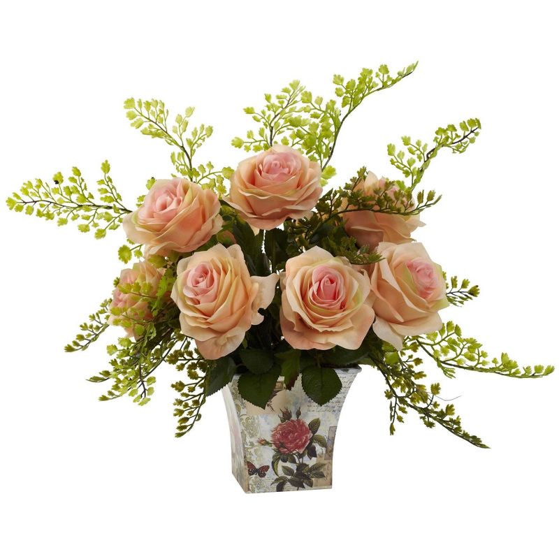 Nearly Natural 13-in Rose & Maiden Hair with Floral Planter, 5 of 9