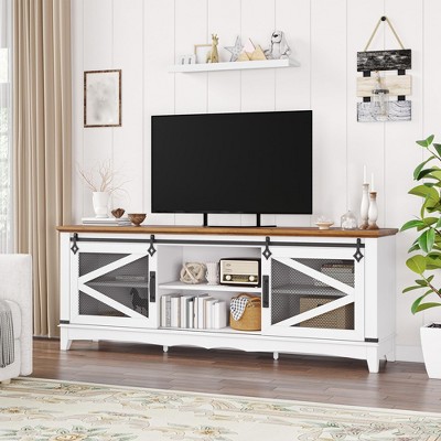 GustoWave Farmhouse TV Stand for TVs up to 65'', Sliding Barn Door with Open Storage, White & Brown