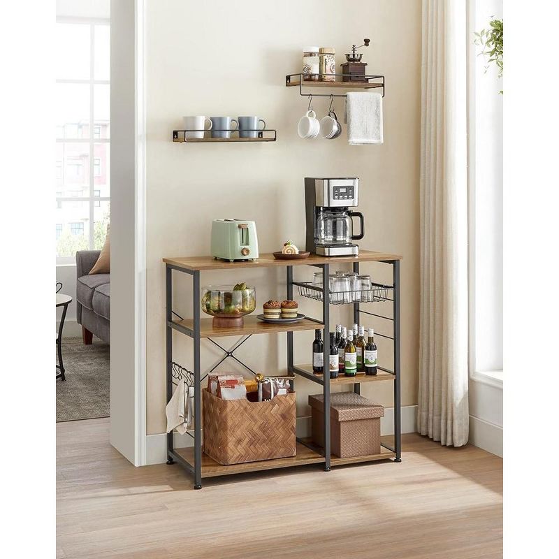 VASAGLE Kitchen Baker¡¯s Rack Coffee Bar Microwave Oven Stand 6 Hooks for Mini Oven Rustic Walnut and Black, 2 of 10