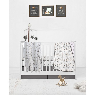 Bacati - Boys Football Muslin Brown Gray 10 pc Crib Bedding Set with 4 Swaddling Blankets