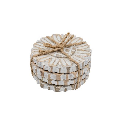 Set of 4 Floral Carved Coasters White Mango Wood & Jute by Foreside Home & Garden