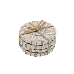 Set of 4 Floral Carved Coasters White Mango Wood & Jute - 1 of 4