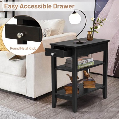 Black Wood Narrow End Table with Drawer and Shelves