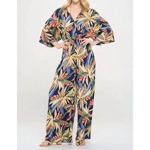 Women's Tropical Print V Neck Wide Leg Jumpsuit - reneec. - 1 of 4