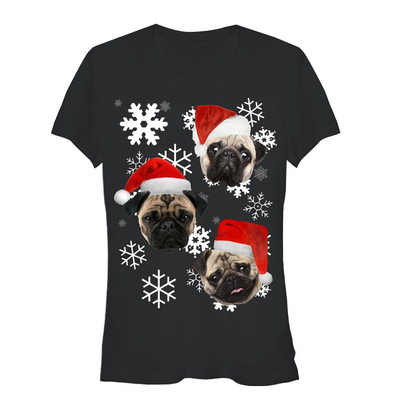 Juniors Womens Lost Gods Ugly Christmas Pug T-Shirt, 1 of 4