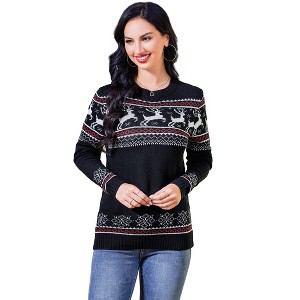 Women's Christmas Reindeer Pattern Crew Neck Sweater - Long Sleeve Festive Knit Jumper - 1 of 4