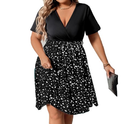 Plus Size Midi Dress for Summer Short Sleeve Faux Wrap Fit and Flared Dress V Neck Belted Summer Dress Irregular Polka Dot Teacher Dress