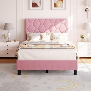 Nasitip Twin Platform Bed Frame with Upholstered Headboard and Wooden Slats Support, Velvet Upholstered Mattress Foundation, Pink - 1 of 4