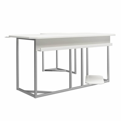 White and Silver L-Shaped Gaming Desk with CPU Stand