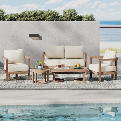 Coolbibila-5-Pieces Acacia Wood Patio Furniture Set, Outdoor Furniture With Coffee Table, Patio Conversation Set Deep Seating With Soft Cushion