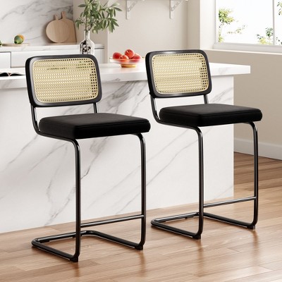 AZL1 Life Concept Dining Sets 2 Set of Cushioned Velvet Counter Stools featuring Wicker Backrests for Kitchen Seating, Black, 18.9"*17.7"*39.4"