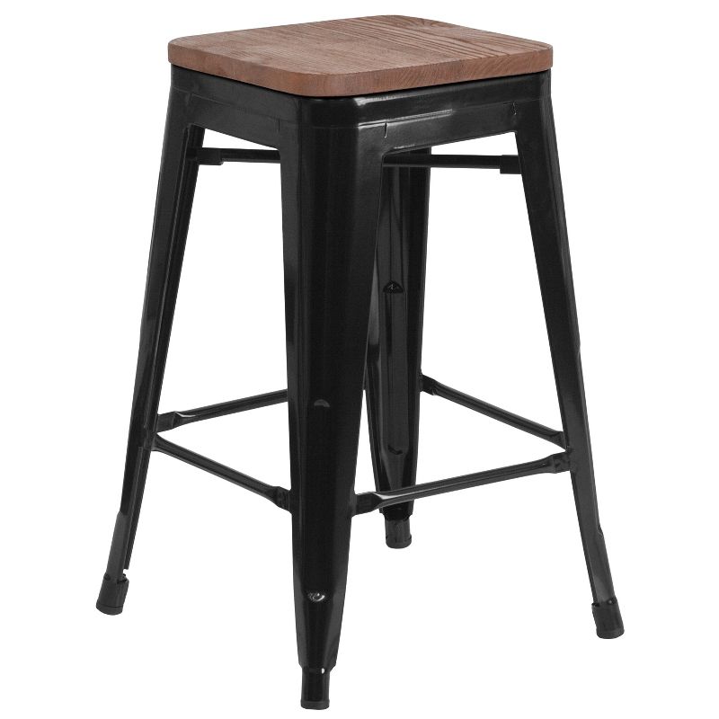 Emma and Oliver 24"H Backless Black Metal Counter Height Stool with Wood Seat, 1 of 14