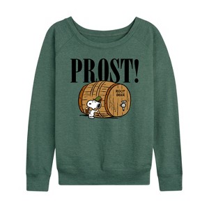 Women's - Peanuts - Prost Snoopy Root Beer Lightweight French Terry Wide Neck Long Sleeve Shirt - 1 of 4