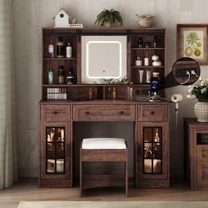 Makeup Vanity Desk with Sliding Mirror, Charging Station & LED Lights - 1 of 4