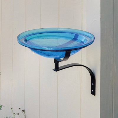 Teal Crackle Glass Birdbath Bowl with Wall Mount Bracket