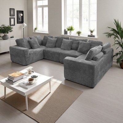 135.5" Striped Corduroy U-Shaped Modular Sectional Sofa with Reversible Chaise