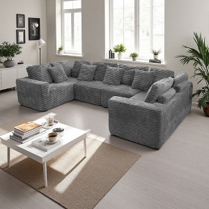 135.5" Striped Corduroy U-Shaped Modular Sectional Sofa with Reversible Chaise - 1 of 4