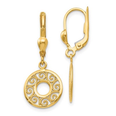 Black Bow Jewelry 12mm Filigree Circle Lever Back Earrings in 14k Yellow Gold