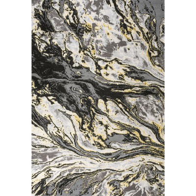 Abstract Swirl Marbled 4'x6' Black & Yellow Synthetic Rug