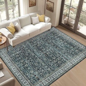 Faux Wool Vintage Distressed Floral Printed Area Rug  Ultra Thin Machine Washable Non Slip Stain Resistant Non Shedding Pet Friendly Floor Rug - 1 of 4