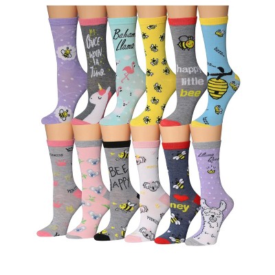 Tipi Toe Women's 12 Pairs Lightweight Colorful Bee Llamas & Koalas Patterned Words Crew Socks