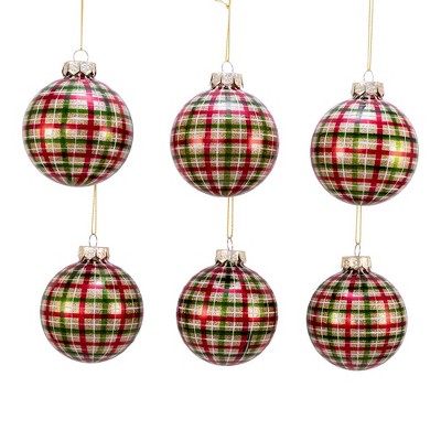 Plaid Glitter Glass Christmas Ball Ornaments Set of Six
