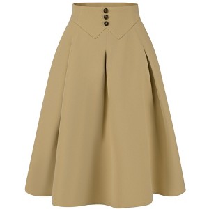 Allegra K Women's Pleated Button Decor High Waist Casual Office Swing Midi Skirts - 1 of 4