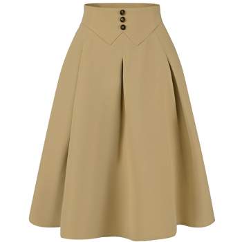 Allegra K Women's Pleated Button Decor High Waist Casual Office Swing Midi Skirts