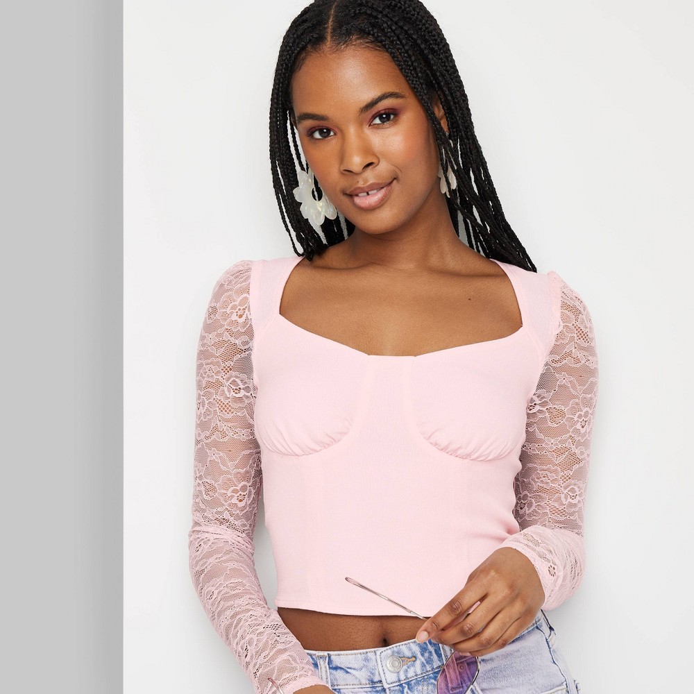 Women's Long Sleeve Lace Bustier Top - Wild Fable™ Light Pink S