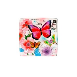 Evergreen 16.5" Hand Painted Embossed Square Glass Bird Bath, Butterfly Prints - 1 of 2