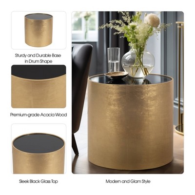 Gold and Black Glass Round Wood Side Table, 24"