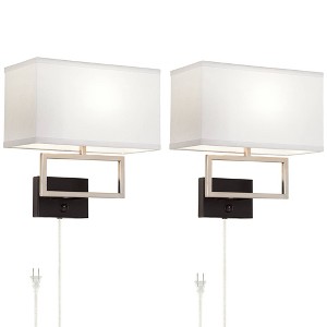 Possini Euro Design Trixie Modern Wall Lamps Set of 2 Brushed Nickel Plug-in 12" Light Fixture Rectangular Fabric Shade for Bedroom Living Room Home - 1 of 4