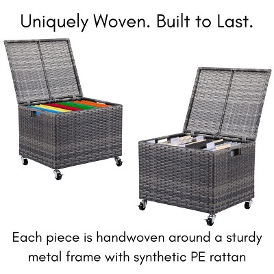 Gray Wicker Rolling File Storage Cabinet with Wheels