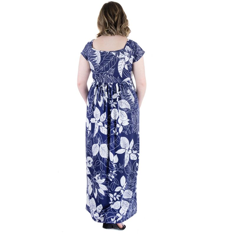 24seven Comfort Apparel Navy Print Pleated Empire Waist Plus Size Maxi Dress, 3 of 5