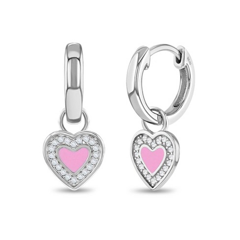 Girls' Cz Heart Dangle Huggie Hoop Sterling Silver Earrings - Pink - In ...