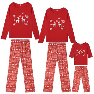 cheibear Christmas Matching Elk Print Long Sleeve Top Cute Print Pants Red Family Pajama Set - 1 of 4